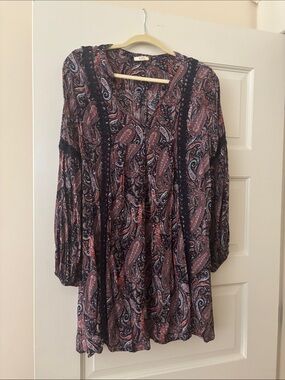 Kori Paisley Long-Sleeve Tunic Dress - Navy, Burgundy, Pink
